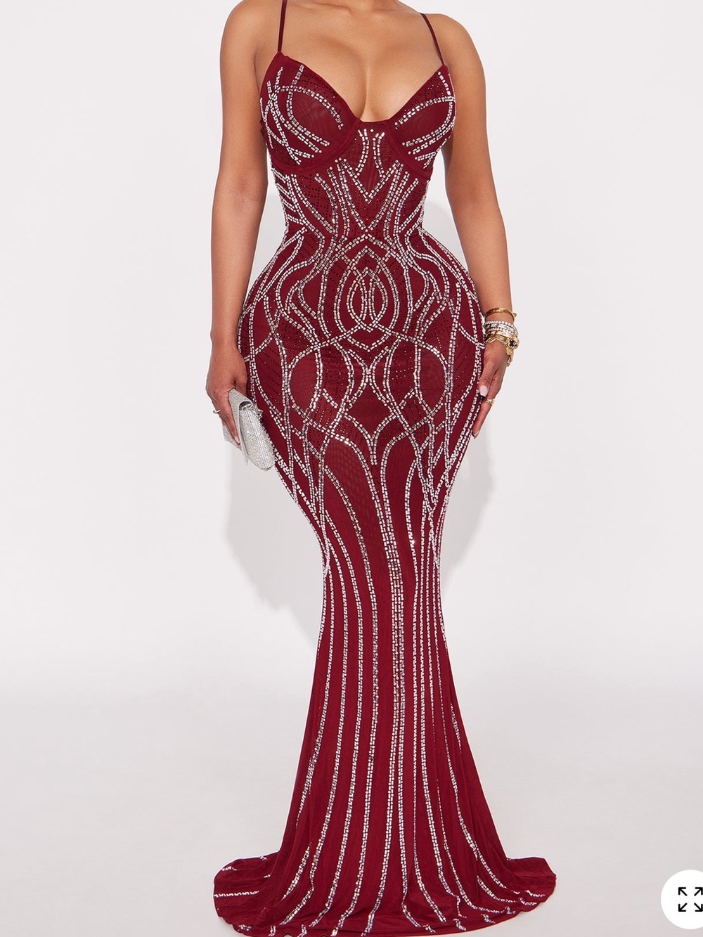 Fashion Nova Shai Rhinestone Maxi Gown Burgundy Medium NWT Formal Dress